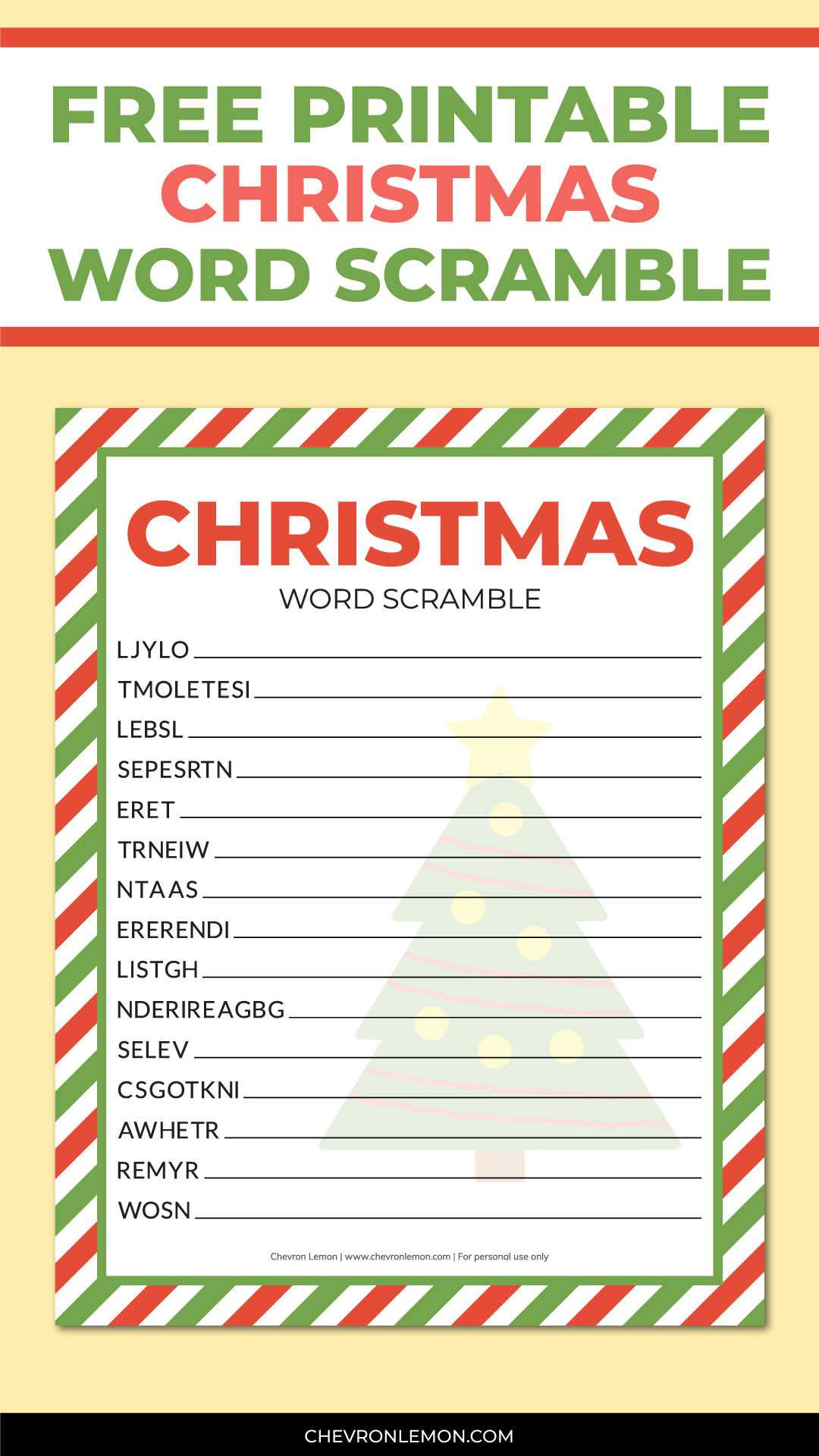 printable christmas word scramble - chevron lemon